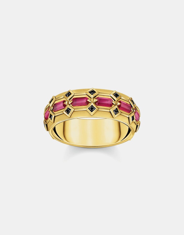 THOMAS SABO - Wide Gold Plated Ring in Crocodile Design with Red Stones