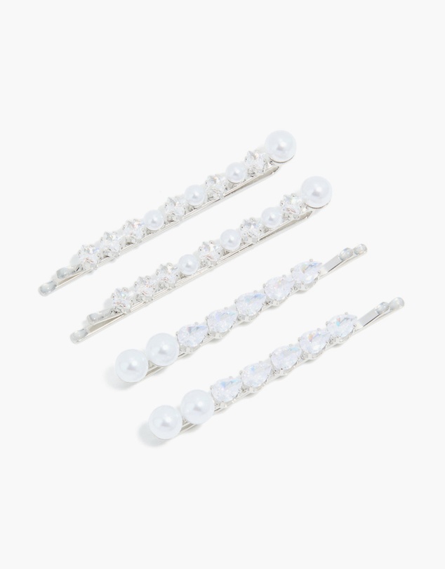 Lovisa - Silver Plated Cubic Zirconia & Pearl Hair Clips 4-Pack