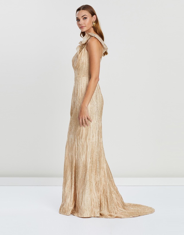 Bariano - Viva Ruffle Shoulder Glitter Gown