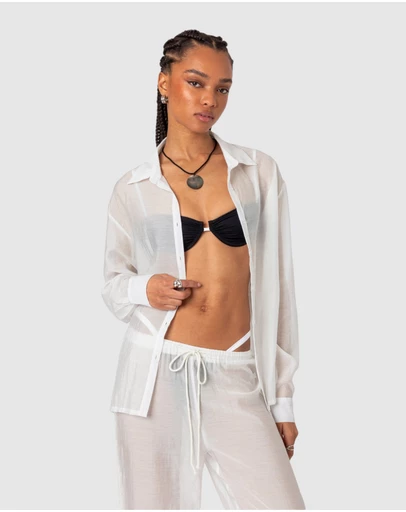 EDIKTED - Breezy Oversized Sheer Button Up Shirt