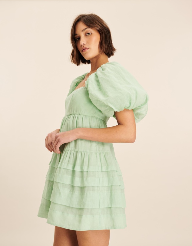 AERE - Puff Sleeve Pleated Hem Mini Dress