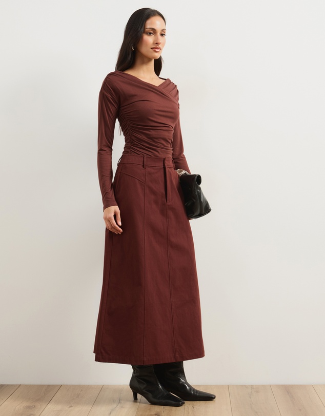 Atmos&Here - Lia A-Line Midi Skirt In Chambray