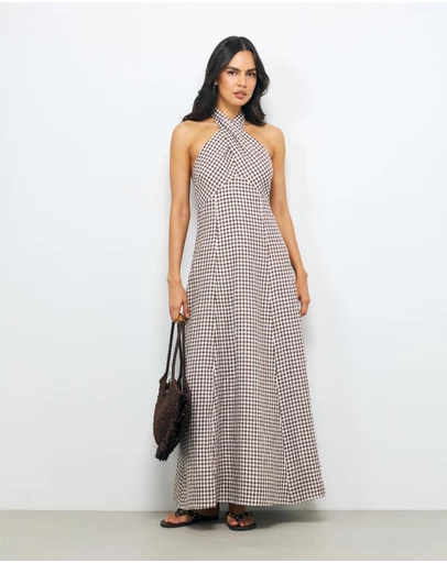 AERE - Nolana Gingham Halter Maxi Dress