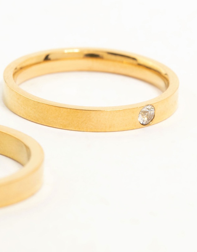 Lovisa - Waterproof Gold Plated Stainless Steel Cubic Zirconia Band Rings 2-Pack