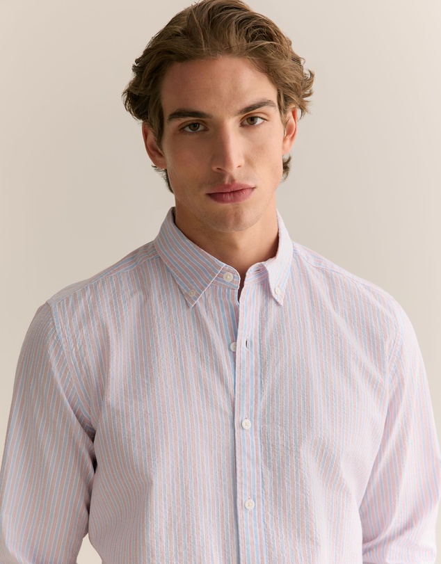 Trenery - Regular Fit Cotton Seersucker Stripe Shirt in Wedgewood Blue