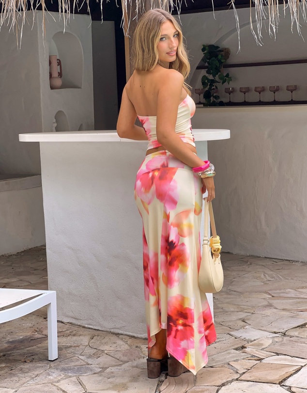 Beginning Boutique - Alora Yellow and Pink Floral Print Hanky Hem Maxi Skirt