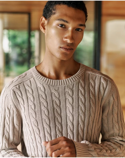 Trenery - Linen Cotton Cable Crew in Stone