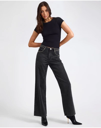 ONE TEASPOON - Jackson Mid Waist Wide Leg Studded Denim Jeans - Black