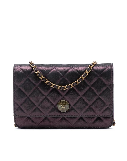 Pre-Loved by Azura Reborn - Pre-Loved Quilted Iridescent Lambskin Tartan Button Wallet On Chain