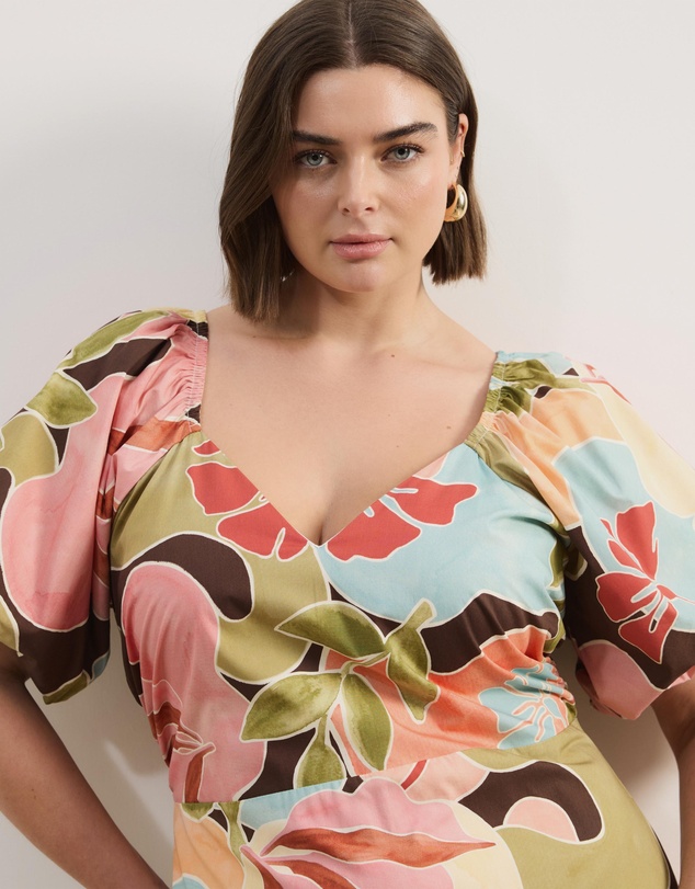 Atmos&Here Curvy - Kiki Puff Sleeve Cotton Poplin Midi Dress