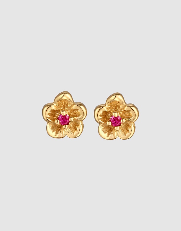 Elli Jewelry - Earrings Stud Flower Synthetic Ruby 925 Sterling Silver Gold-plated