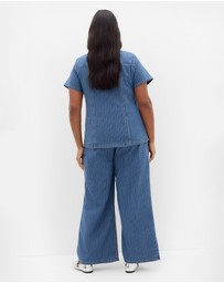 City Chic - Plus size Pinstripe Short Sleeve Denim Shirt - blue wash