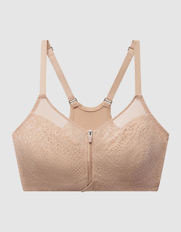 Natori - Pretty Smooth Zip Front Pocketed Post-Surgery Bra With Cotton & Lace