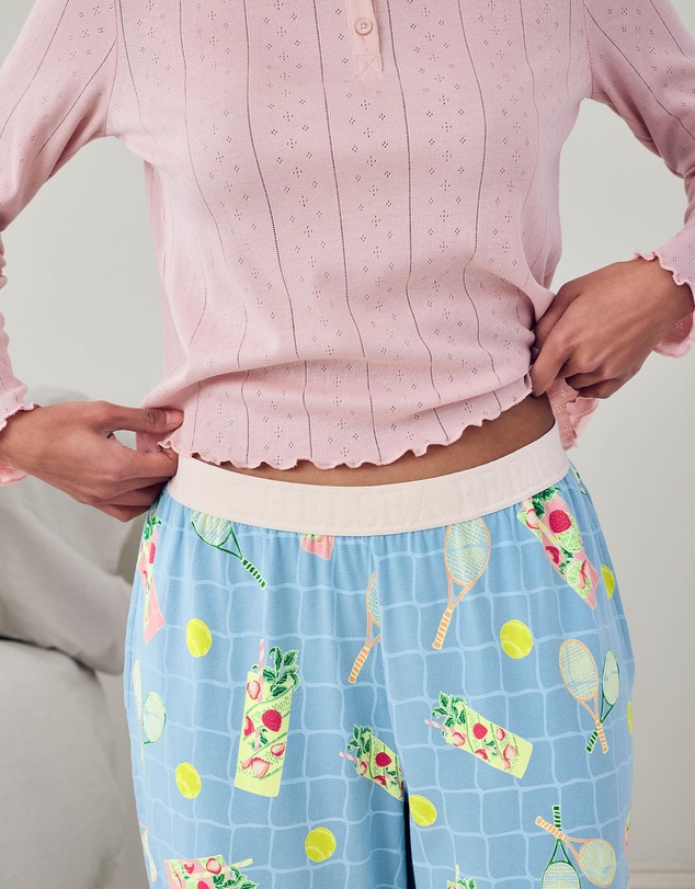 Chelsea Peers - Organic Cotton Tennis Net Cocktail Pointelle Henley Long Pyjama Set
