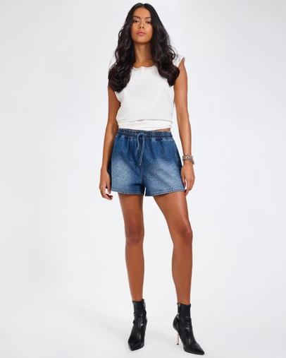 ONE TEASPOON - Boxer Drawstring Waist Denim Shorts - Blue Paisley