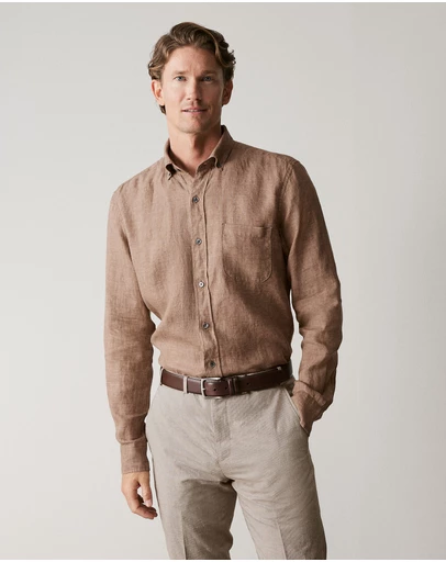 Trenery - Regular Fit Delave Linen Shirt in Cocoa