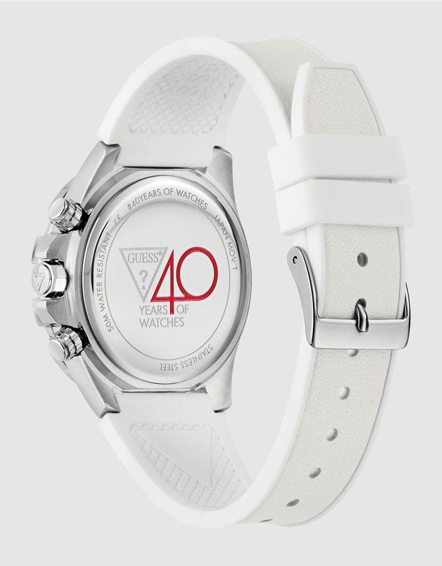 GUESS - ICONIC 40 Glamour 39mm Silver-Tone Case White Silicone Strap