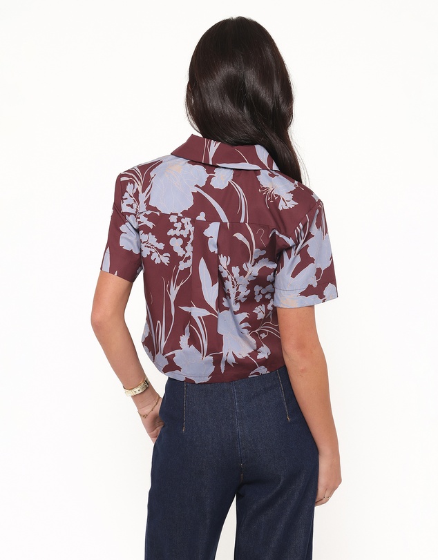 Petal & Pup - Aine Cropped Short Sleeve Shirt - Burgundy Floral