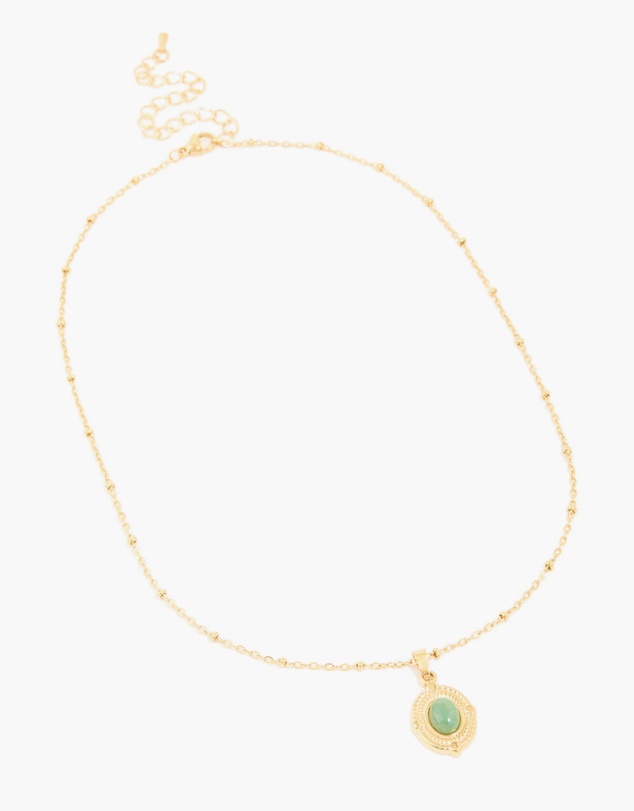 Lovisa - Waterproof Gold Plated Stainless Steel Green Semi Precious Stone Boho Disc Necklace