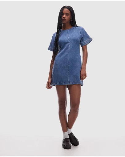 TOPSHOP - Denim Short Sleeved Structured Mini Dress