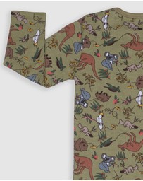 B Free Intimate Apparel - Baby Snap Button Sleepsuit with Booties - 100% Organic Cotton - Khaki Native Aussie Animals