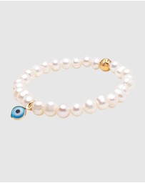 Nialaya Jewellery - Wristband with White Pearls and Blue Evil Eye Charm