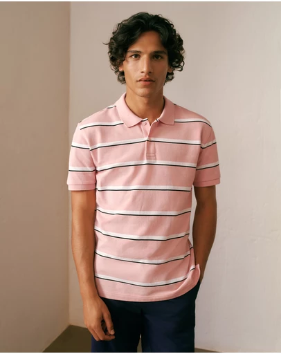 Trenery - Cotton Pique Double Stripe Polo in Light Pink