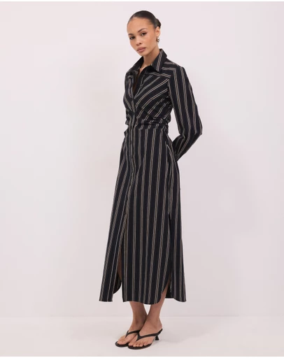 Calli - Mira Midi Stripe Ruched Waist Shirt Dress