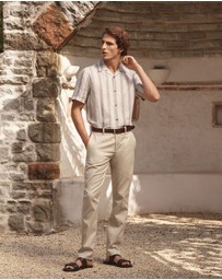 Trenery - Regular Fit Linen Tonal Stripe Short Sleeve Shirt in Flax