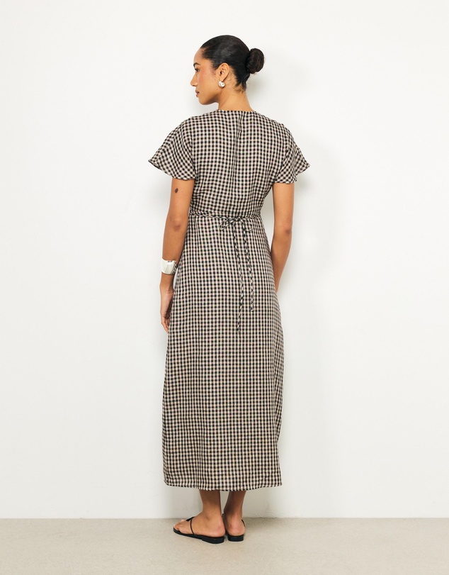 AERE - Ciela Gingham V Neck Linen Midi Dress