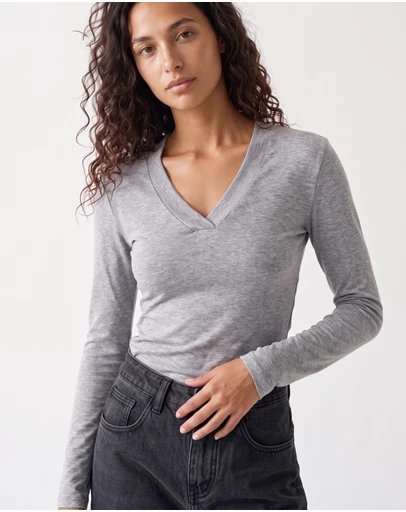 Style Addict - Margaux Deep V Henley Top - Grey