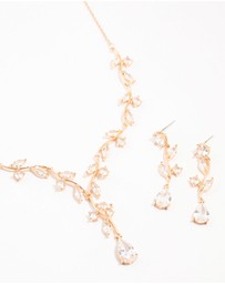 Lovisa - Gold Creeping Crystal Roses Necklace & Earrings Set