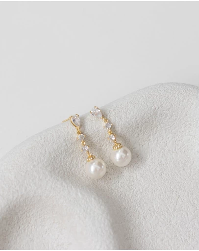 The White Collection - Beatrice - Classic Gold Pearl Bridal Drop Earrings