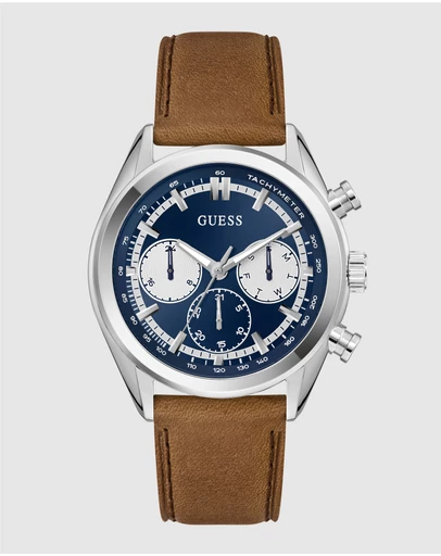 GUESS - Guess Dawson Mens Brown Silver Tone Multi-function Watch
