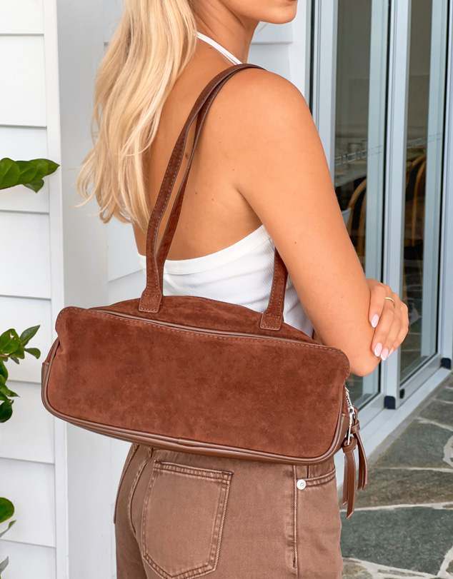 Beginning Boutique - Sloane Brown Suede Baguette Bag