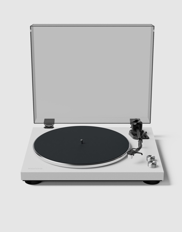 iWorld - Kanto OBI3 Turntable - Matte White with Kanto ORA 100W Powered Speakers - White Bundle