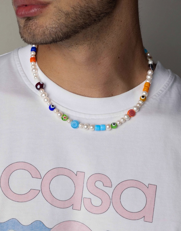 Nialaya Jewellery - Men's Pearl Choker with Playful Glass Beads