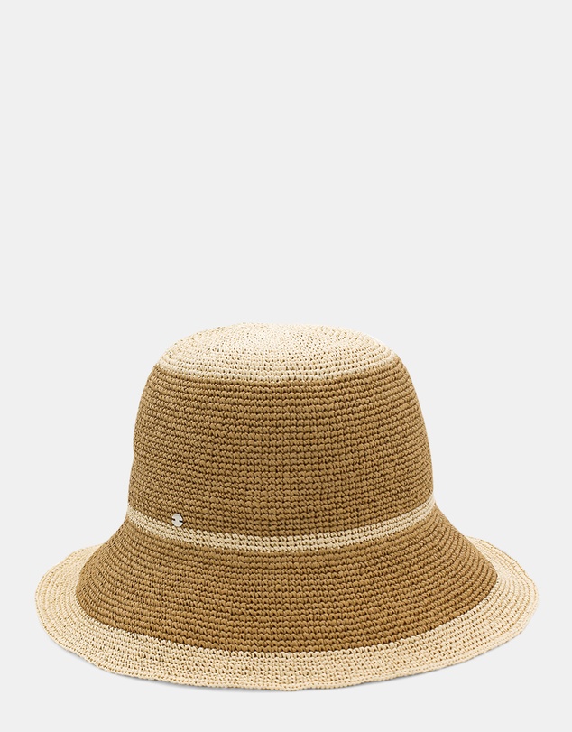 Morgan & Taylor - Stella Crochet Straw Bucket Hat in Tan Brown and Beige Stripe
