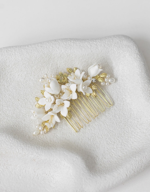 The White Collection - Cora - Freshwater Pearl and Floral Detail Gold Bridal Comb