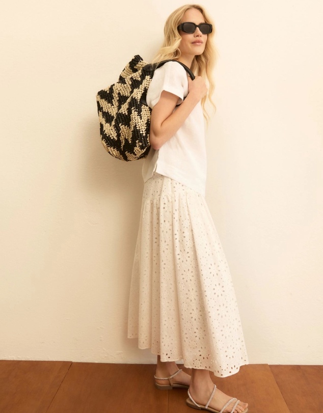 Emme - White Cotton Embroidered Midi Skirt