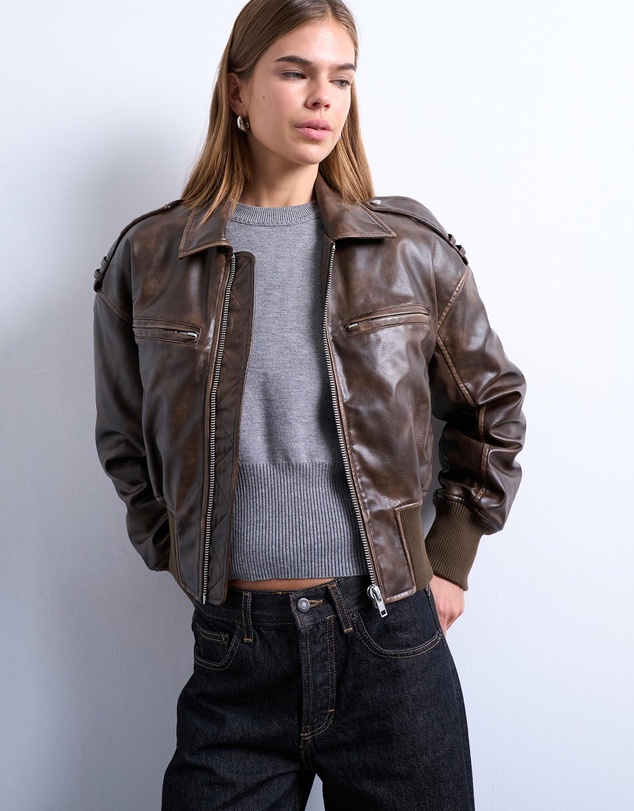 TOPSHOP - Faux Leather Ovoid Sleeve Bomber Jacket