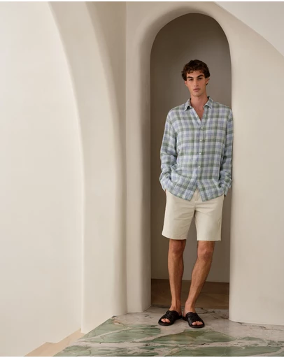 Trenery - Regular Fit Yarn Dyed Linen Check Shirt in Sage Green