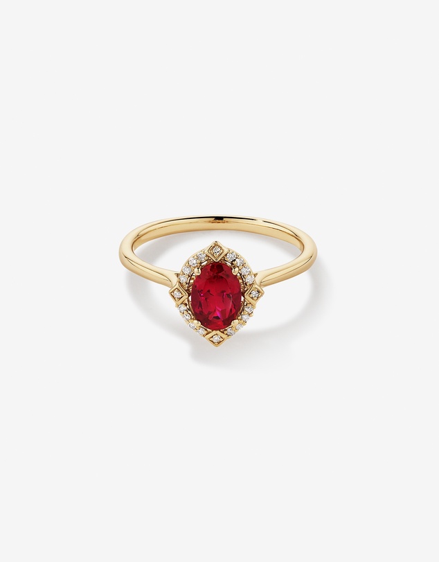 Michael Hill - Oval Cut Created Ruby and Diamond Halo Ring in 10kt Yellow Gold