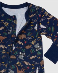 B Free Intimate Apparel - 100% Organic 2-Way Zip Sleepsuit - Baby & Toddler Navy Native Aussie Animals