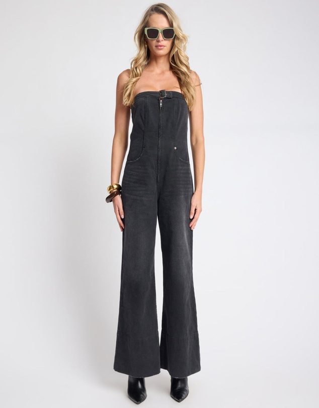 ONE TEASPOON - Dark Angel Strapless Wide Leg Denim Jumpsuit - Smokey Black