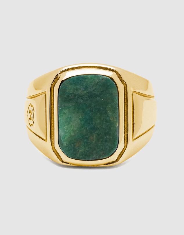 Nialaya Jewellery - Men's Oblong Gold Plated Signet Ring with Green Jade