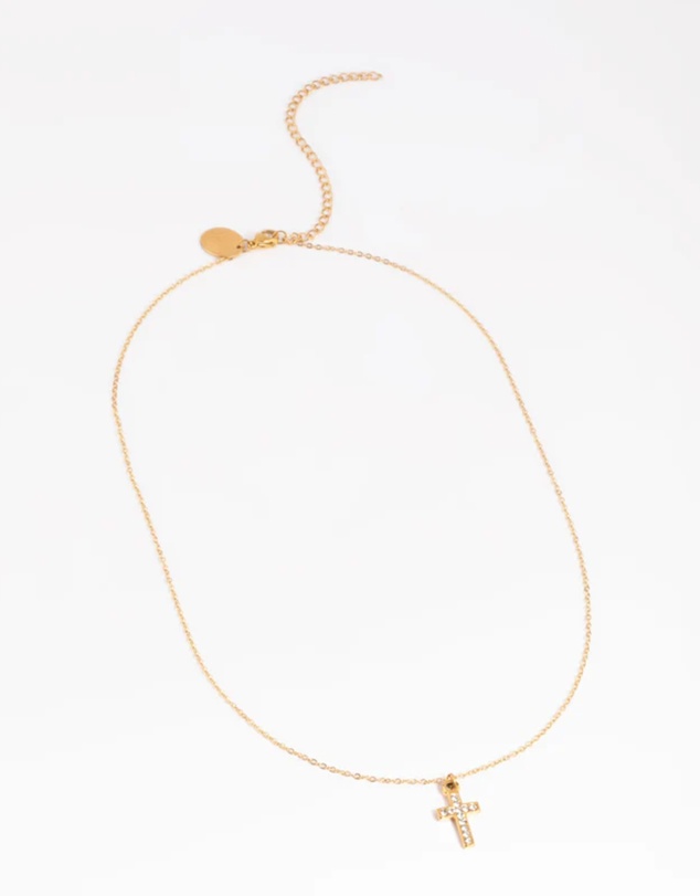 Lovisa - Waterproof Gold Plated Stainless Steel Cubic Zirconia Cross Necklace