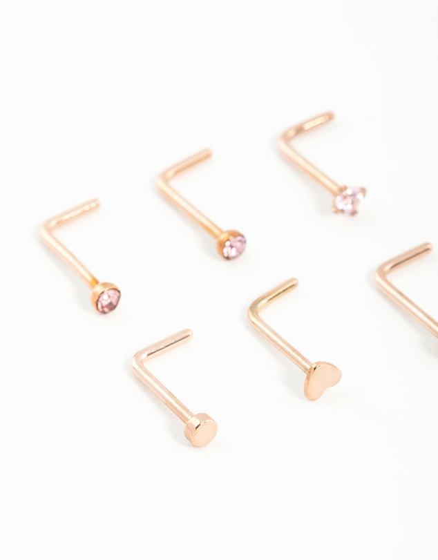 Lovisa - Rose Gold Plated Surgical Steel Heart & Diamante Nose Studs 6-Pack