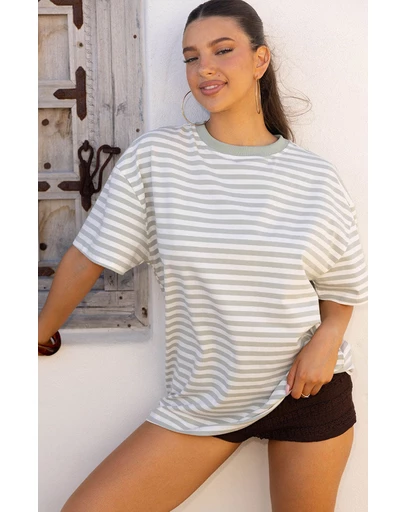 Beginning Boutique - Alba Sage Stripe Oversized Tee