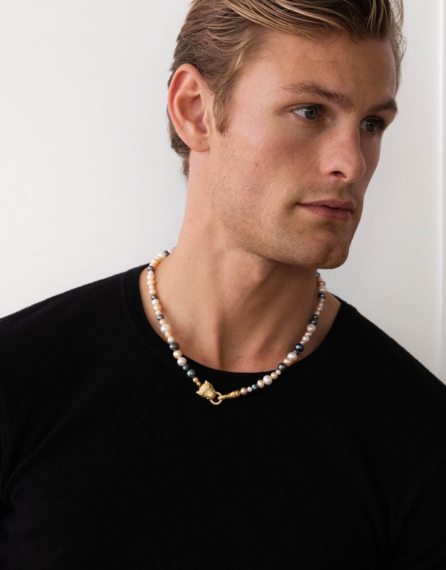 Nialaya Jewellery - Multi-Colored Pearl Necklace with Gold Plated Panther Head Lock